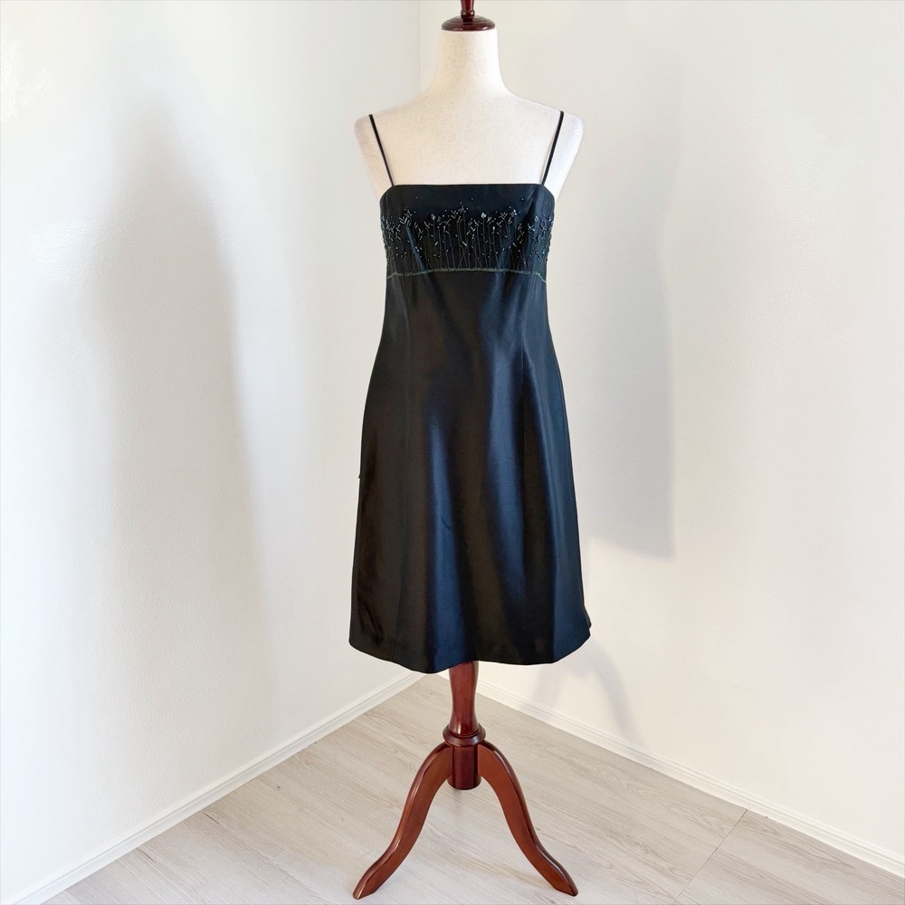 VTG Ann Taylor Dress Womens 12 Petite Black 100% Silk Beaded 90s Preppy Luxury